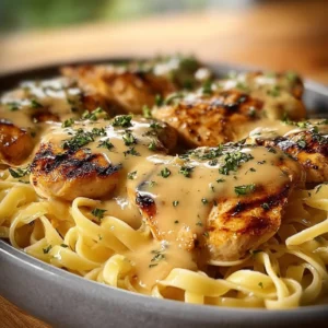 Delicious one-pan chicken dish with buttered noodles garnished with herbs.