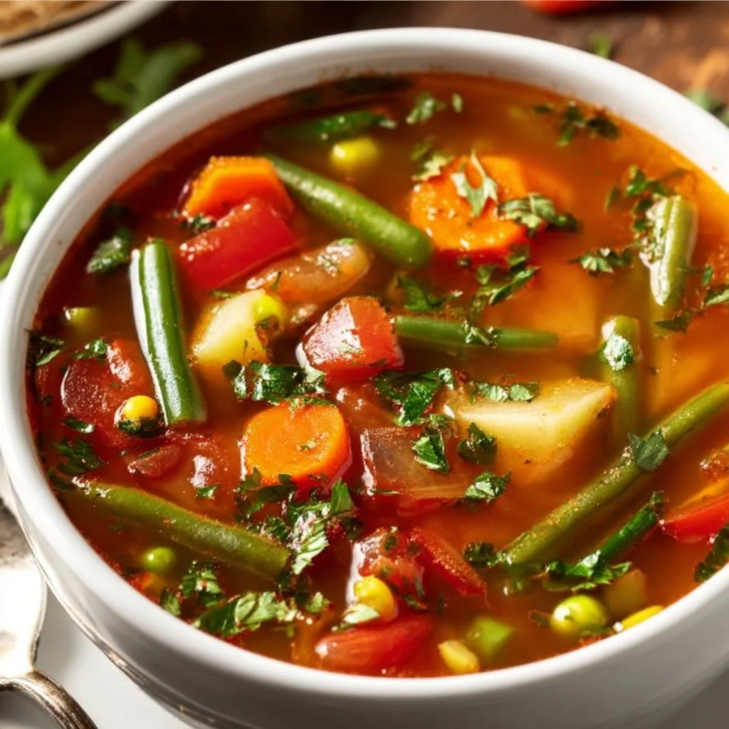 Bowl of easy vegetable soup garnished with fresh herbs and vegetables