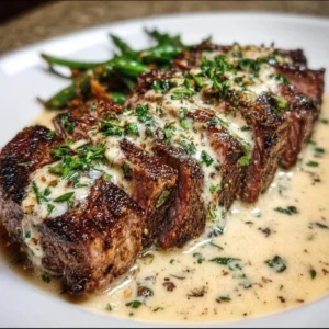 Juicy Garlic Butter Steak topped with creamy Parmesan sauce on a plate