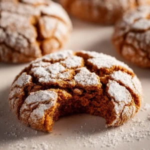 Freshly baked Gingerbread Crinkle Cookies dusted with powdered sugar.