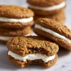 Gingerbread Oatmeal Cream Pies with cream filling on a festive plate