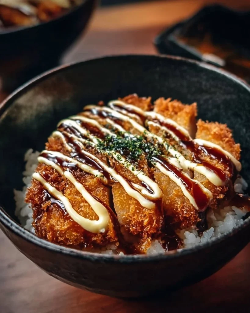 A vibrant bowl of Japanese Katsu Bowls with crispy breaded meat and rice