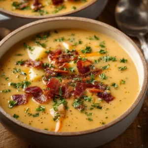 A comforting bowl of loaded potato soup topped with cheese and green onions