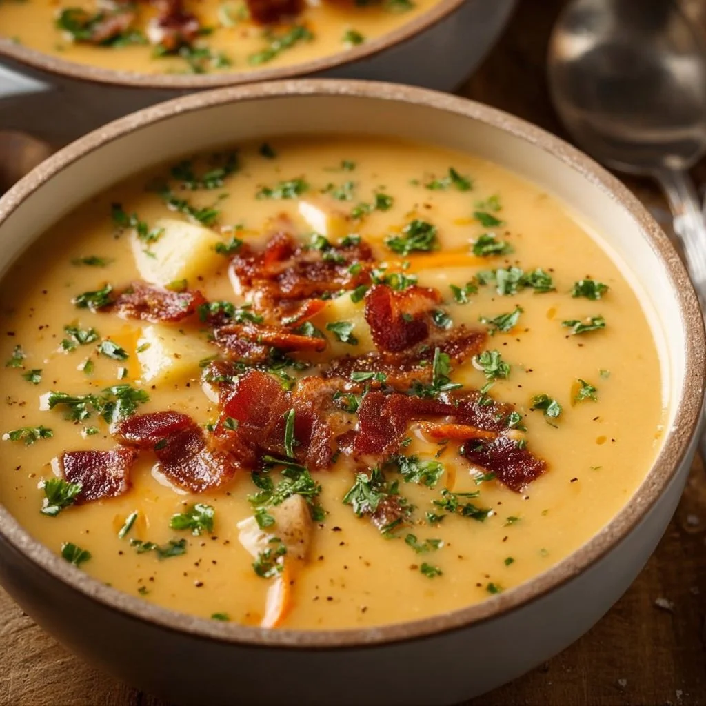 A comforting bowl of loaded potato soup topped with cheese and green onions