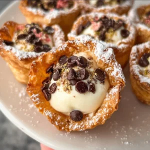 Mini cannoli cups filled with creamy ricotta and topped with chocolate