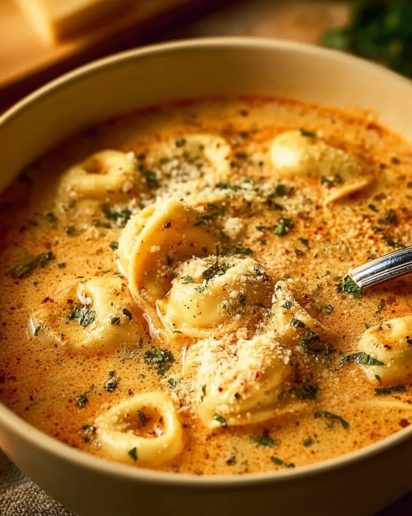 Bowl of Parmesan Tomato Tortellini Soup garnished with fresh herbs