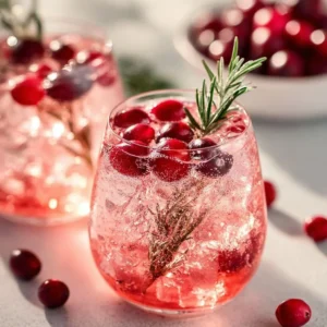 Quick Christmas Cranberry Spritzer in a festive glass with cranberries and mint garnish