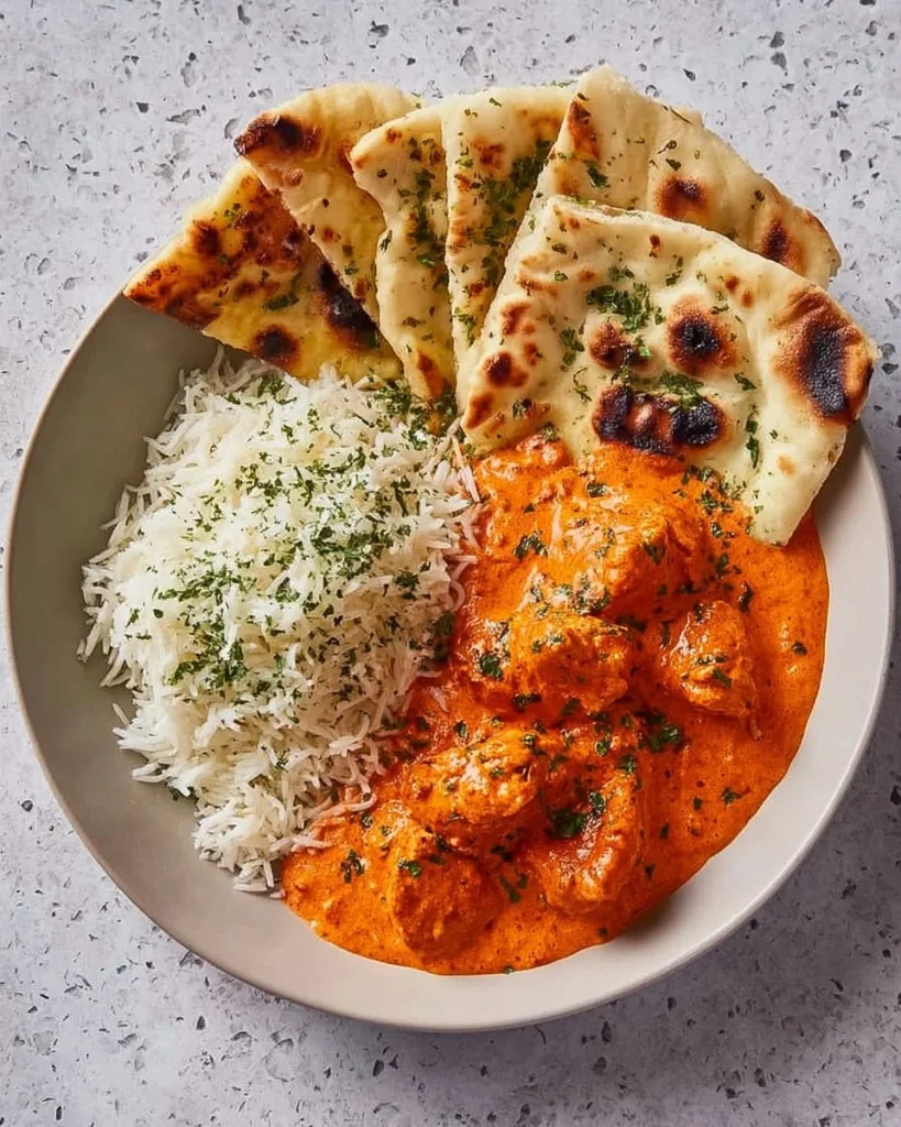 Delicious homemade butter chicken served with rice and garnished with cilantro.