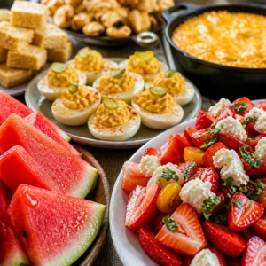 A platter of colorful cookout side dishes including salads, dips, and grilled veggies.