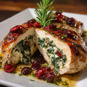 Spinach and cranberry stuffed chicken breasts, a healthy and delicious dinner option.