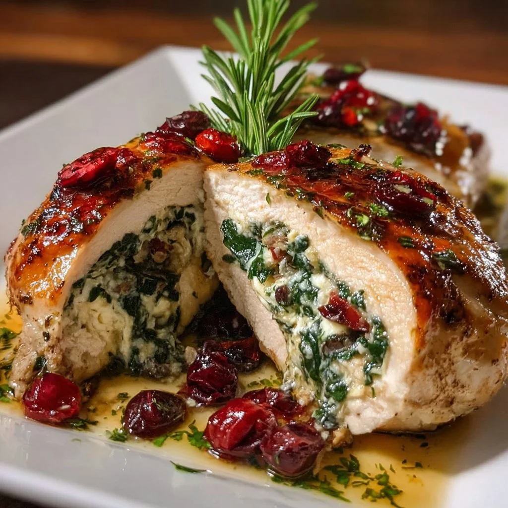 Spinach and cranberry stuffed chicken breasts, a healthy and delicious dinner option.