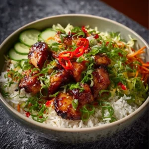Sweet chili chicken rice bowl topped with fresh vegetables and sauce