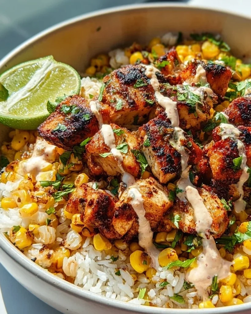 Tasty Street Corn Chicken Bowl with grilled chicken, corn, and spices