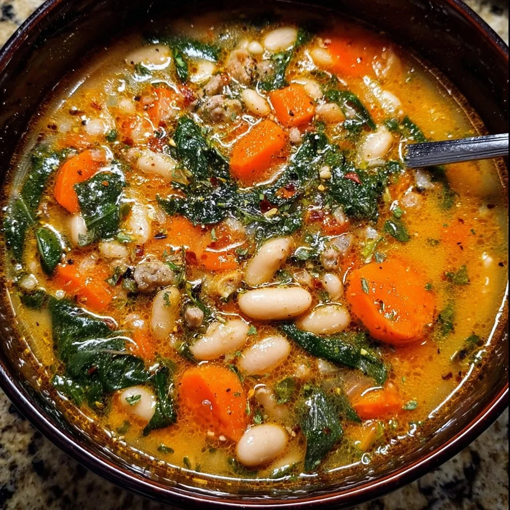 Bowl of Tuscan White Bean Soup garnished with herbs and olive oil