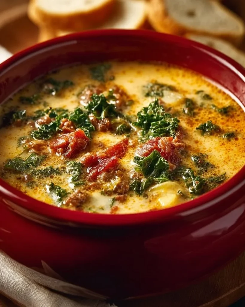 Delicious bowl of Tuscany Soup filled with fresh vegetables and herbs