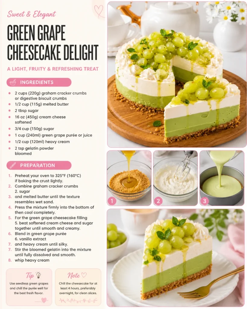 Slice of Green Grape Cheesecake Delight topped with fresh green grapes