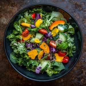 Overhead shot of a vibrant salad with arugula, quinoa, roasted sweet potatoes, chickpeas, and feta, drizzled with a lemon vinaigrette.